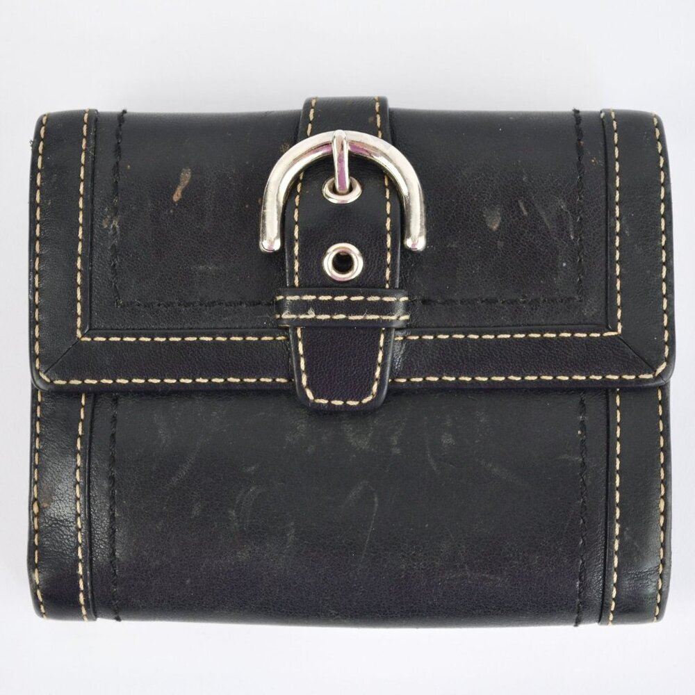 Coach Vintage Black Leather Bifold Wallet Visible Stitching Nickel Hardware Soho